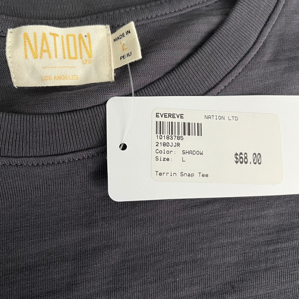 NWT Nation LTD Terrin Snap Tee Shadow Grey Gold Shoulder Buttons Large - Picture 6 of 6
